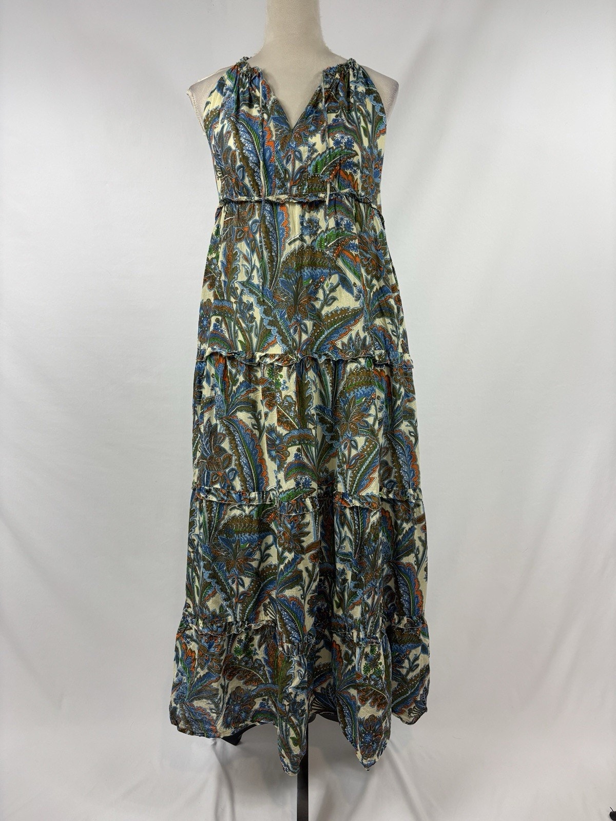 House Of Harlow Maxi Dress Blue Orange Cream Floral Size Xs Halter Neck Tiered